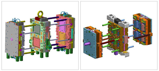 Technical illustration of a stack mold showing cavity layout and guide pins, highlighting how early mold decisions lock production ramp-up costs by impacting production efficiency.