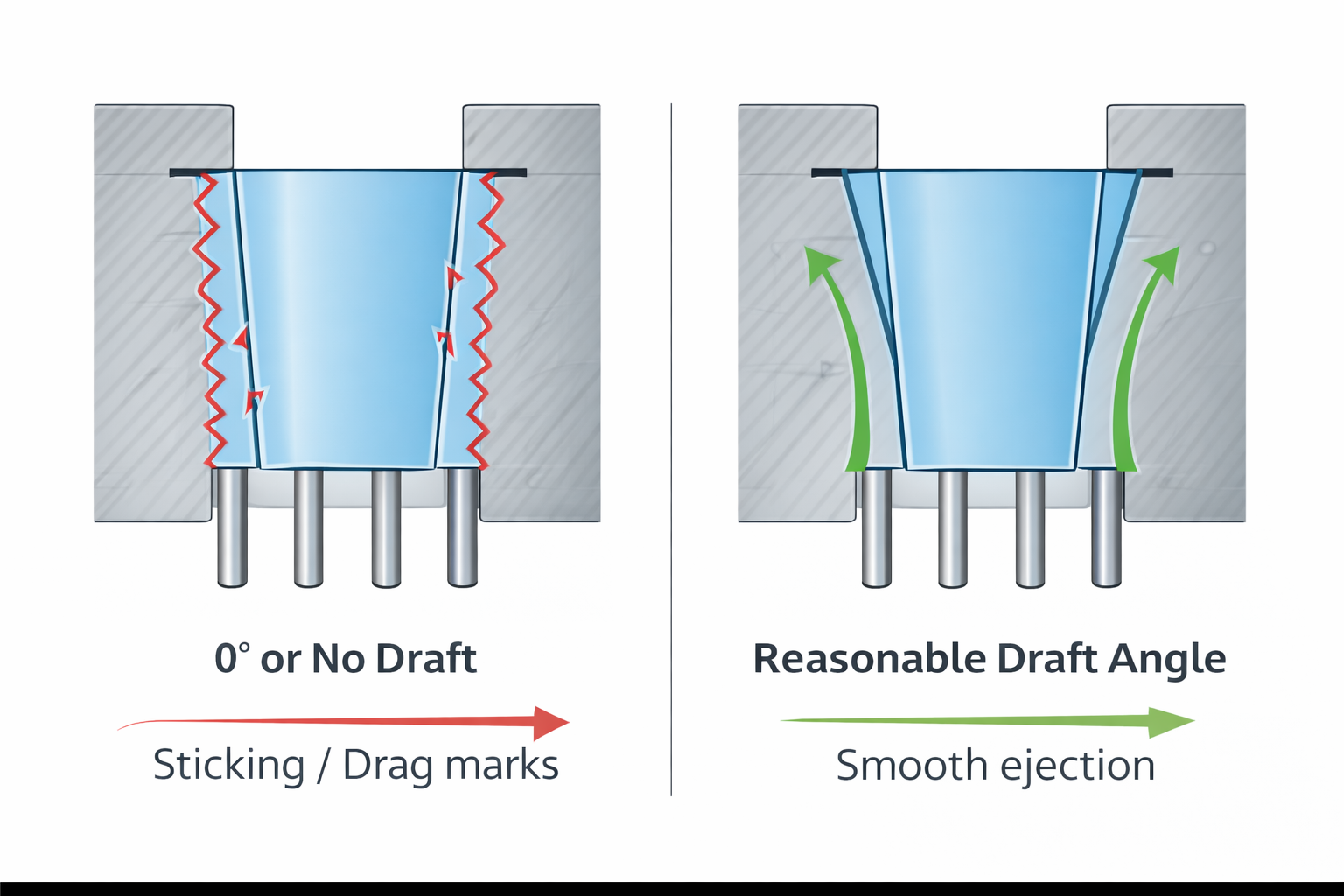 Draft angle comparison in injection molding showing sticking without draft and smooth ejection with proper draft