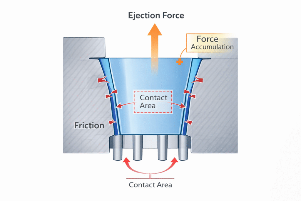 Injection molding ejection force diagram showing increased friction caused by insufficient draft angle during mass production
