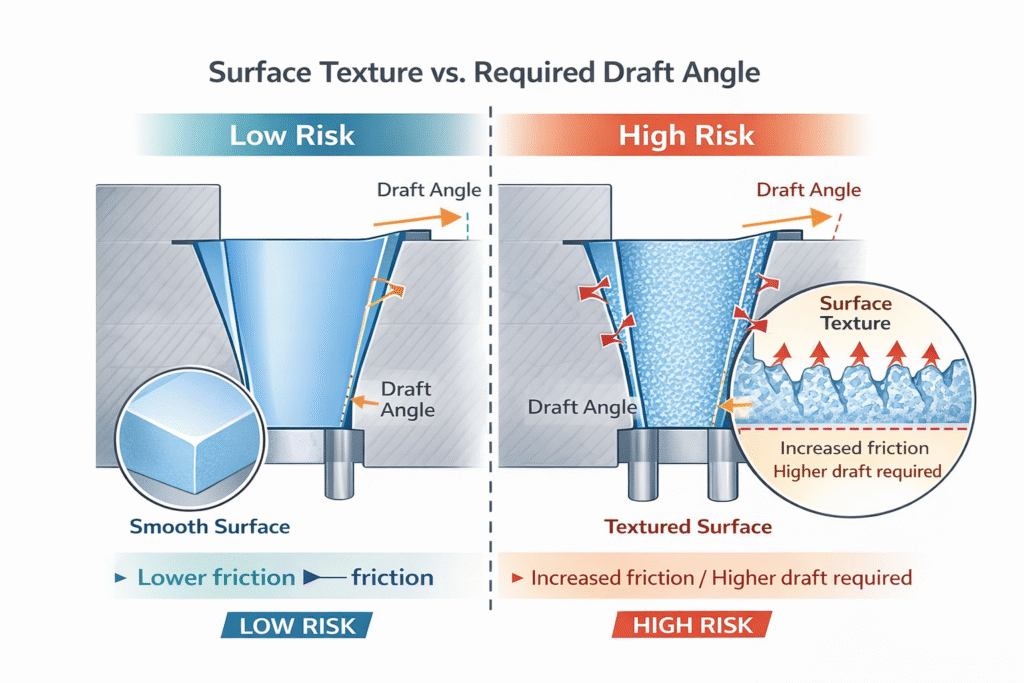 Diagram showing how surface texture increases friction and requires larger draft angle in injection molding