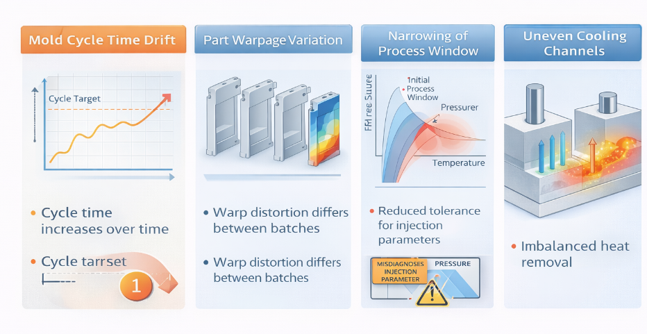 How poor mold cooling design causes cycle time drift, part warpage variation, narrowing process window, and uneven cooling channels in mass production
