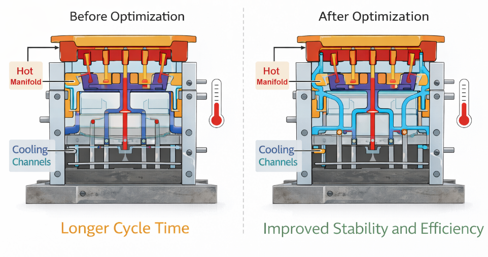 Injection molding hot runner mold design optimization before and after cooling system improvements