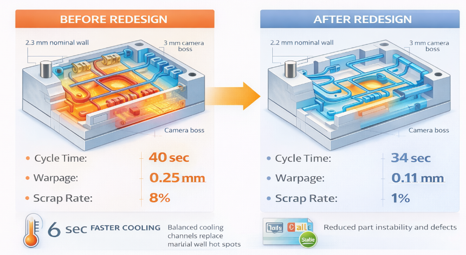 Cooling redesign comparison showing improved cycle time, reduced warpage, and lower scrap rate in mass production
