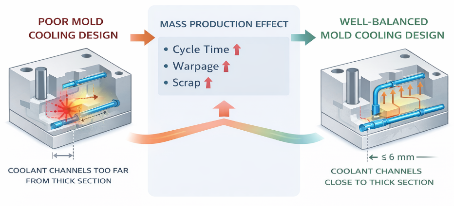 mold cooling design causing mass production instability