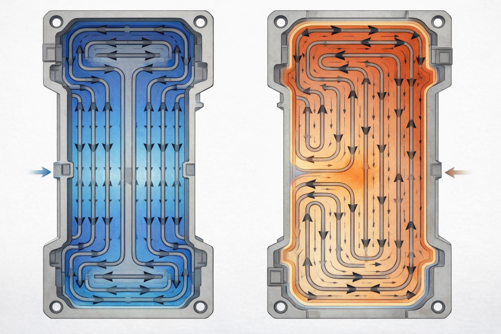 Cooling channel layout symmetry affecting thermal control and production stability in injection molding