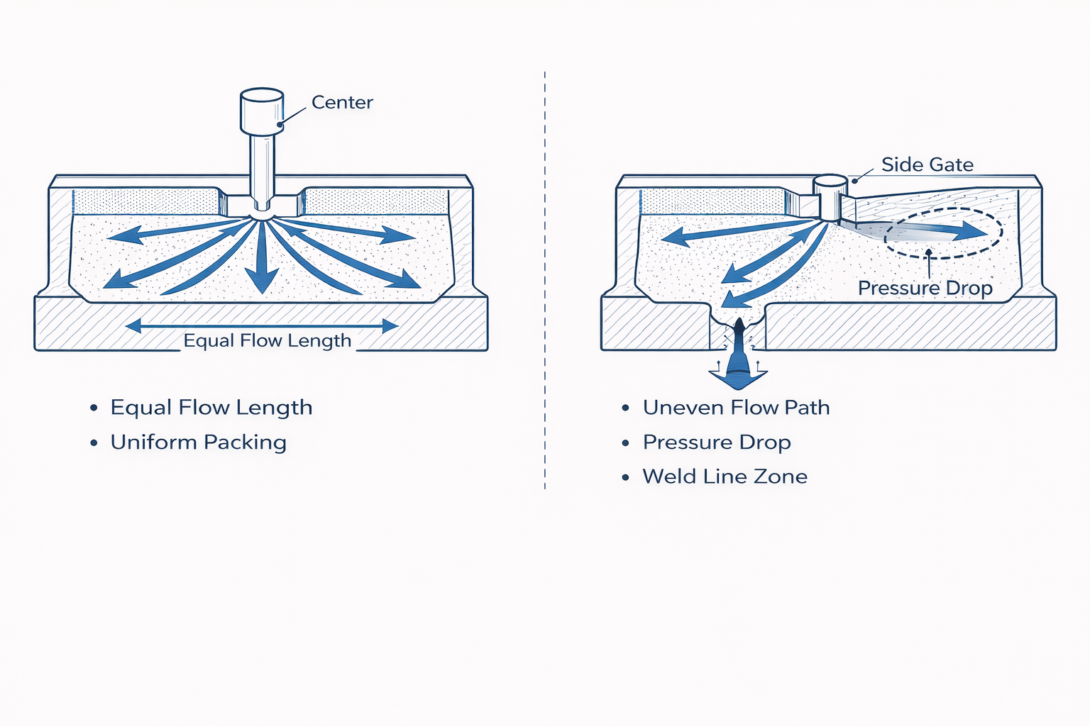 Gate location flow symmetry comparison showing center gate and side gate pressure distribution