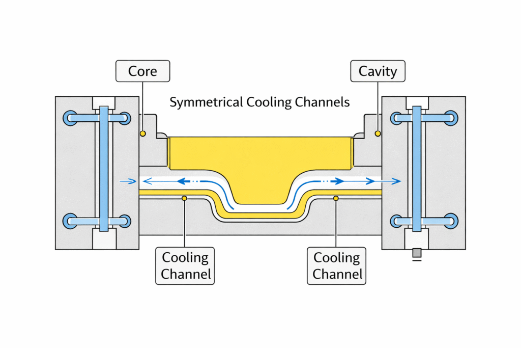 IML mold design cooling symmetry layout showing balanced cooling channels around the cavity