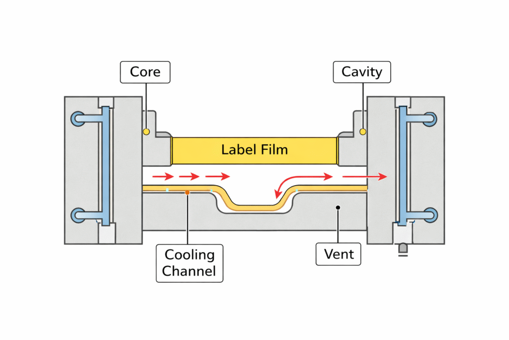 IML mold design cross section with label film and cooling channel layout