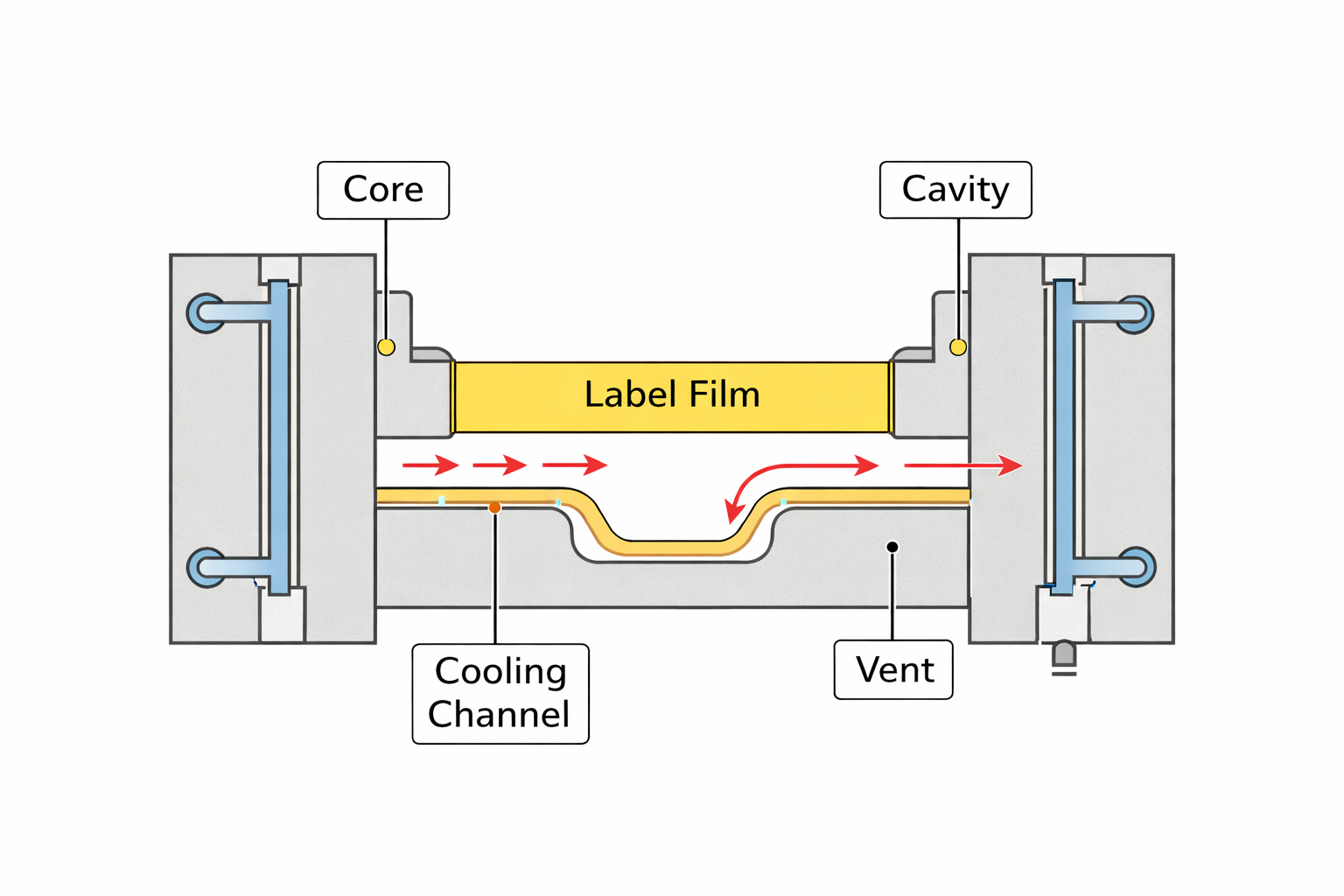 IML mold design cross section with label film and cooling channel layout