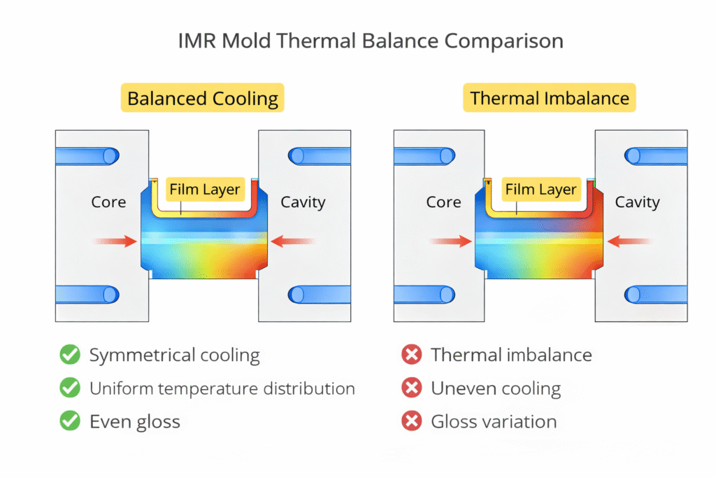 IMR mold design thermal distribution comparison showing balanced and unbalanced cooling