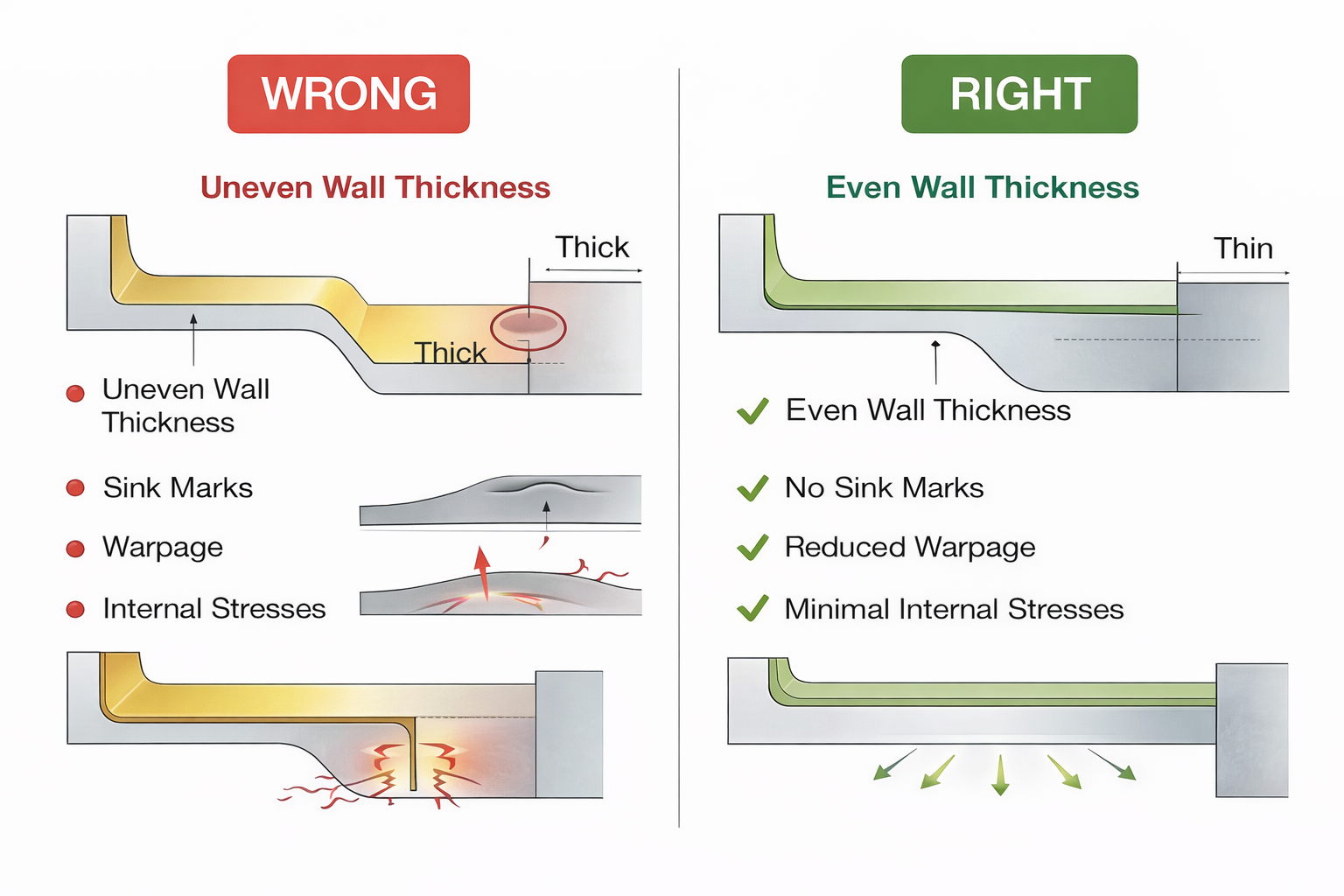 Injection mold design defects caused by uneven wall thickness leading to warpage and sink marks