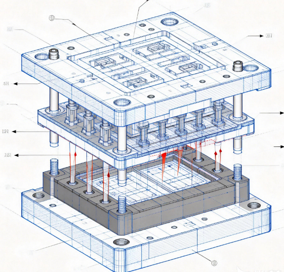 Injection mold architecture blueprint illustrating structural rigidity and load transfer influencing production stability