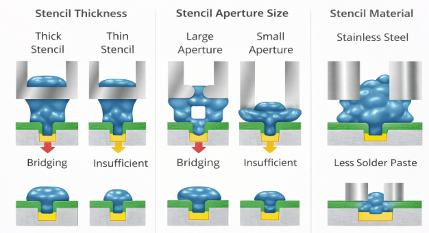 Illustration showing how stencil thickness, aperture size, and material affect solder paste deposition on PCB pads.