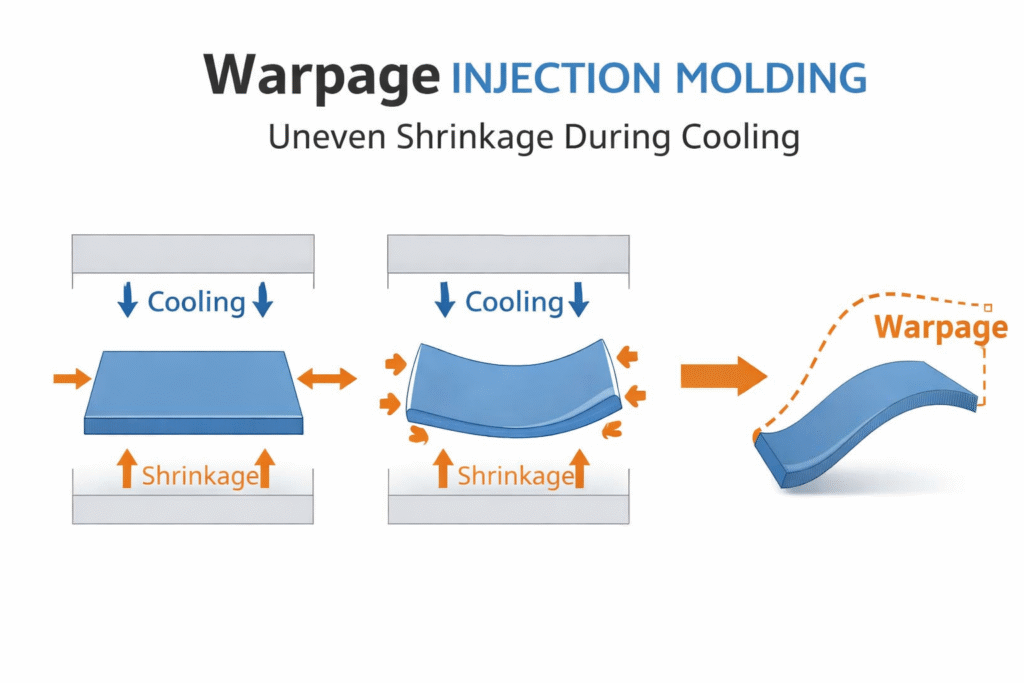 Warpage due to uneven shrinkage in injection molding, illustrating the process from a flat part to distortion during cooling.