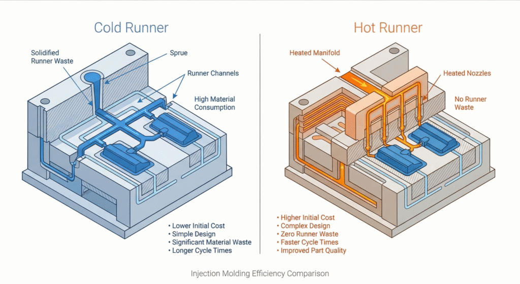 cold runner vs hot runner injection molding system comparison diagram