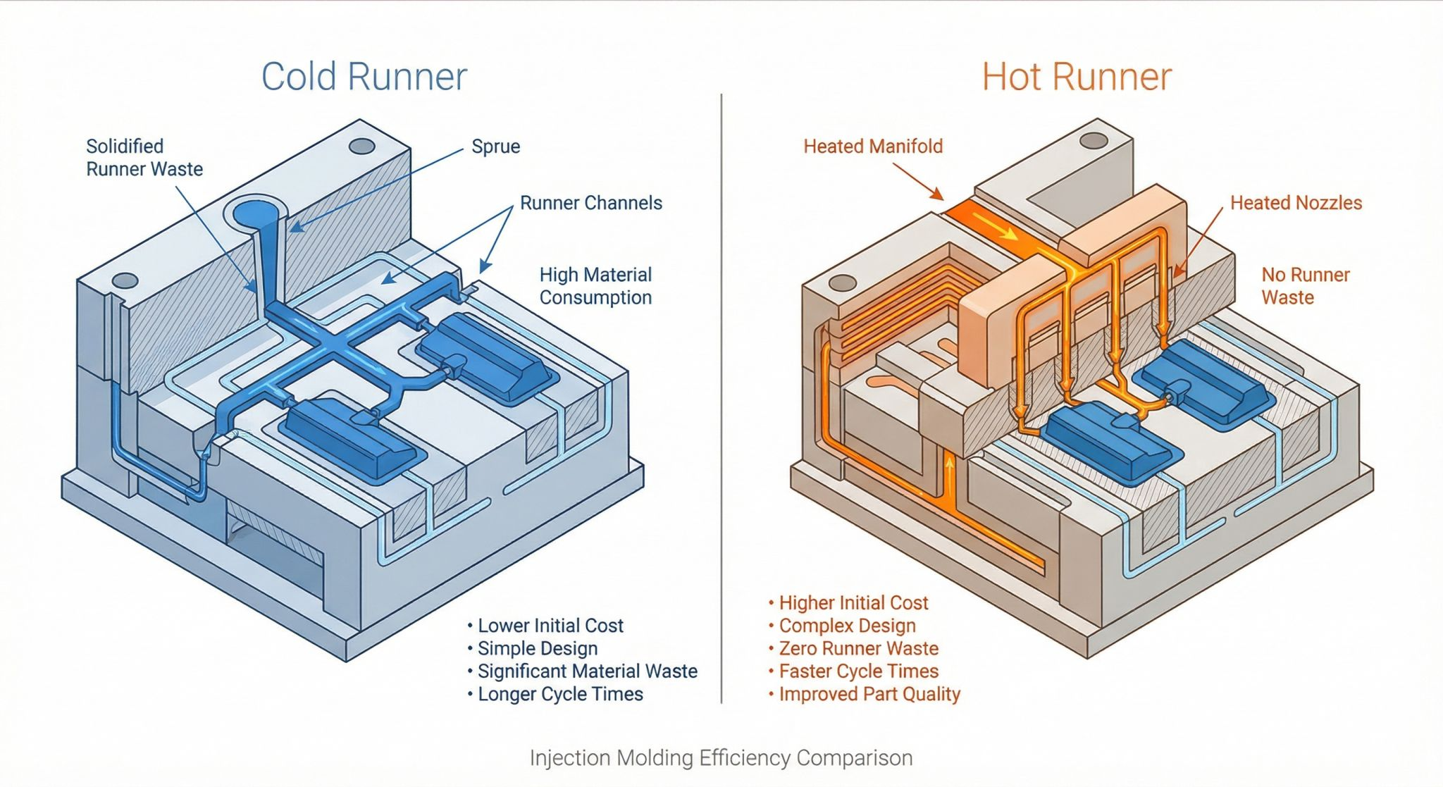cold runner vs hot runner injection molding system comparison diagram