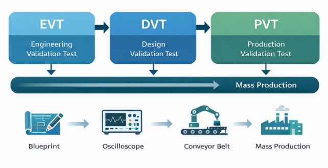 electronics prototyping EVT DVT PVT stages in manufacturing process flow