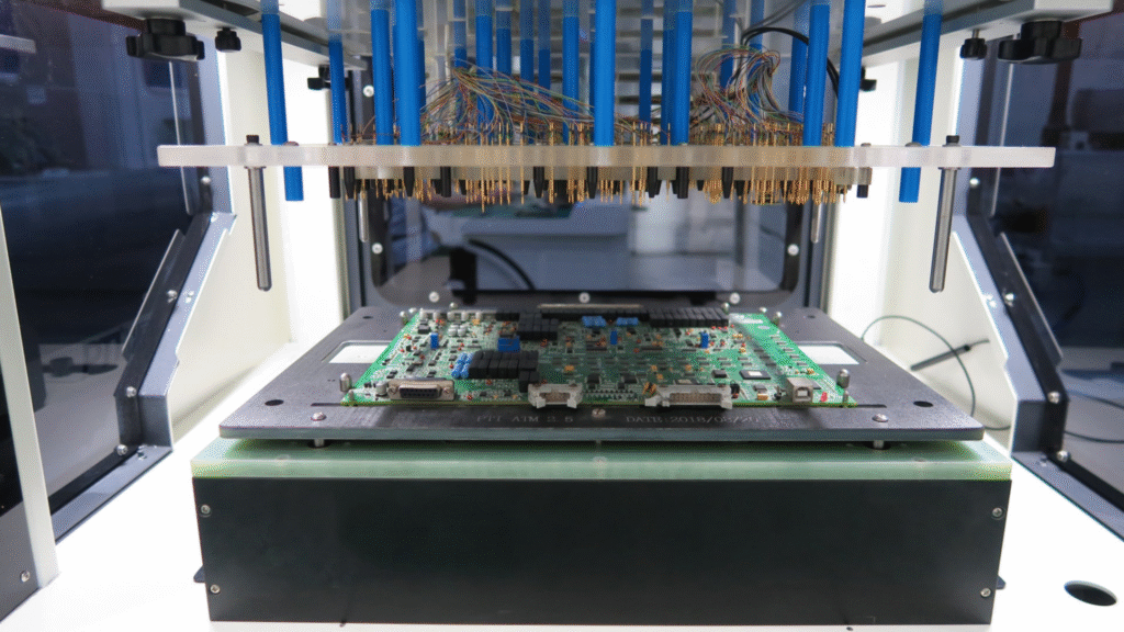 functional testing fixture with pogo pin probes in electronics manufacturing