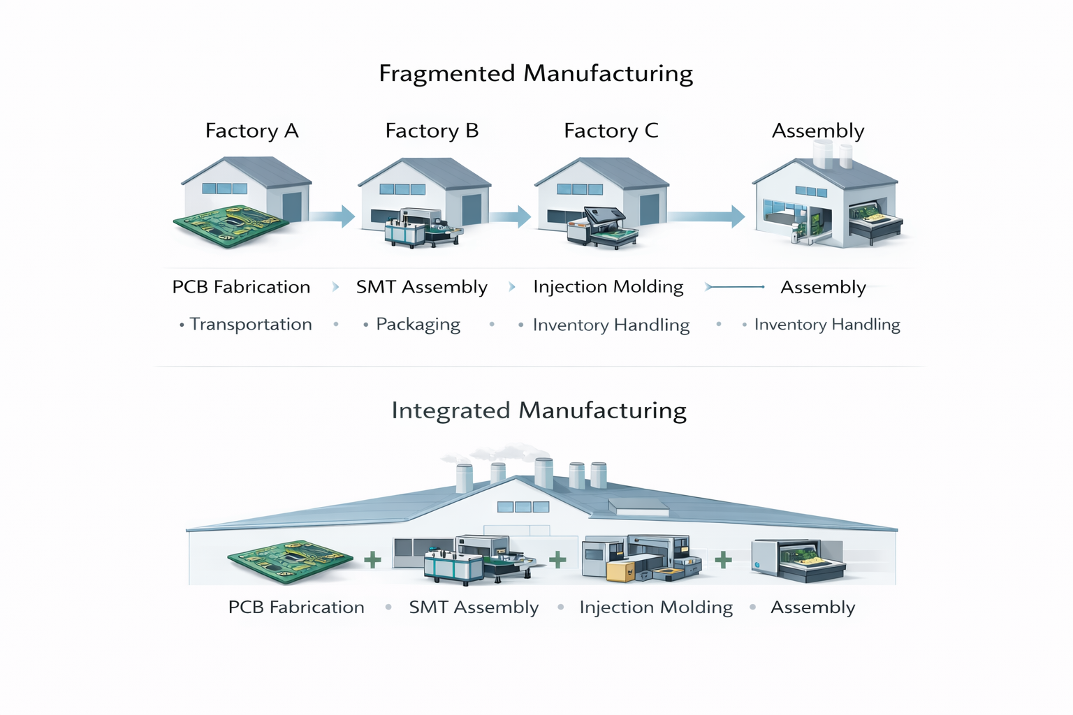 Integrated manufacturing vs fragmented manufacturing workflow in electronics production