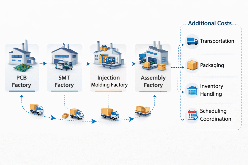 manufacturing logistics flow between multiple suppliers in fragmented production
