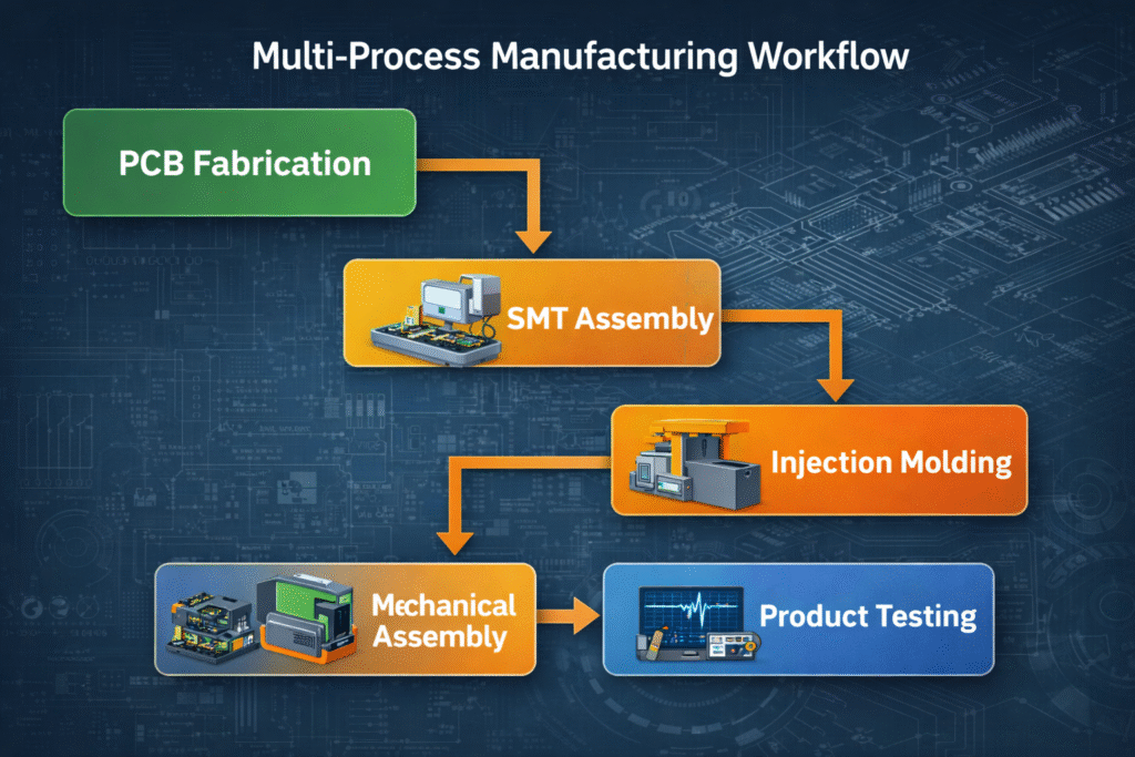 manufacturing challenges in multi process manufacturing workflow including PCB fabrication SMT assembly injection molding and assembly