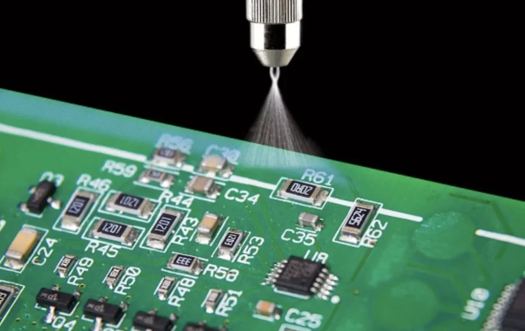 PCB coating control process using conformal coating spray