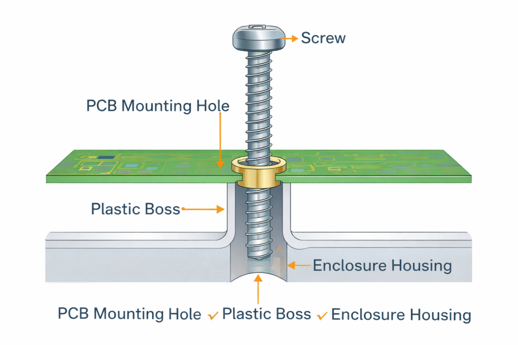 PCB mounting hole alignment with plastic enclosure boss in electronics housing