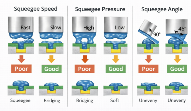 Solder paste printing illustration showing the impact of squeegee speed, pressure, and angle on PCB pad deposition.