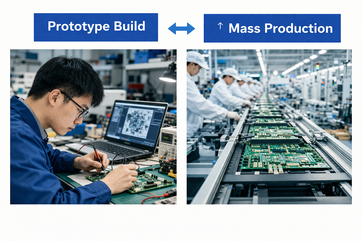 Prototype to mass production transition with a Chinese engineer assembling a PCB and automated assembly line in manufacturing