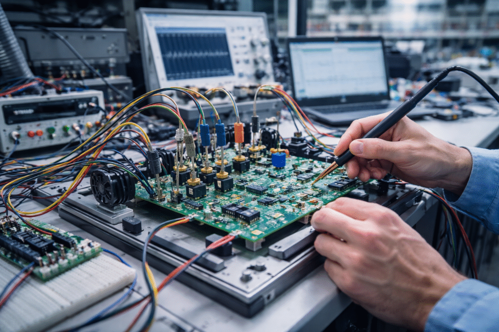 rapid prototyping in electronics manufacturing PCB testing setup with probes and wiring