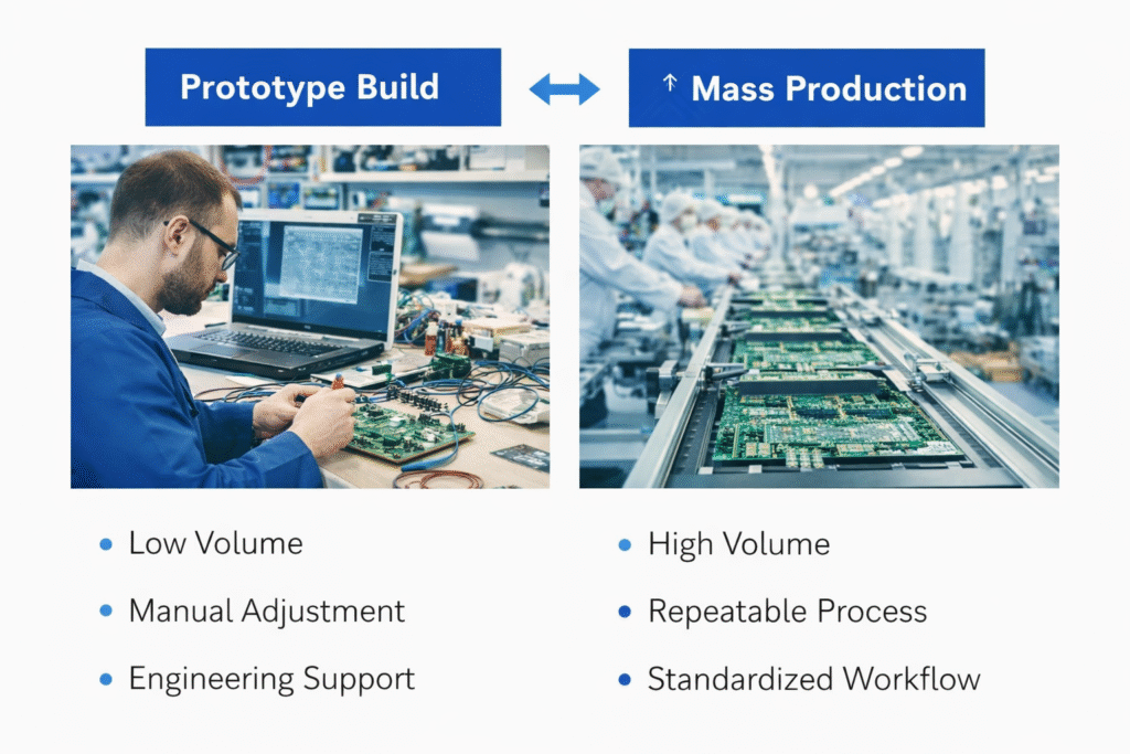 Prototype to mass production comparison in electronics manufacturing