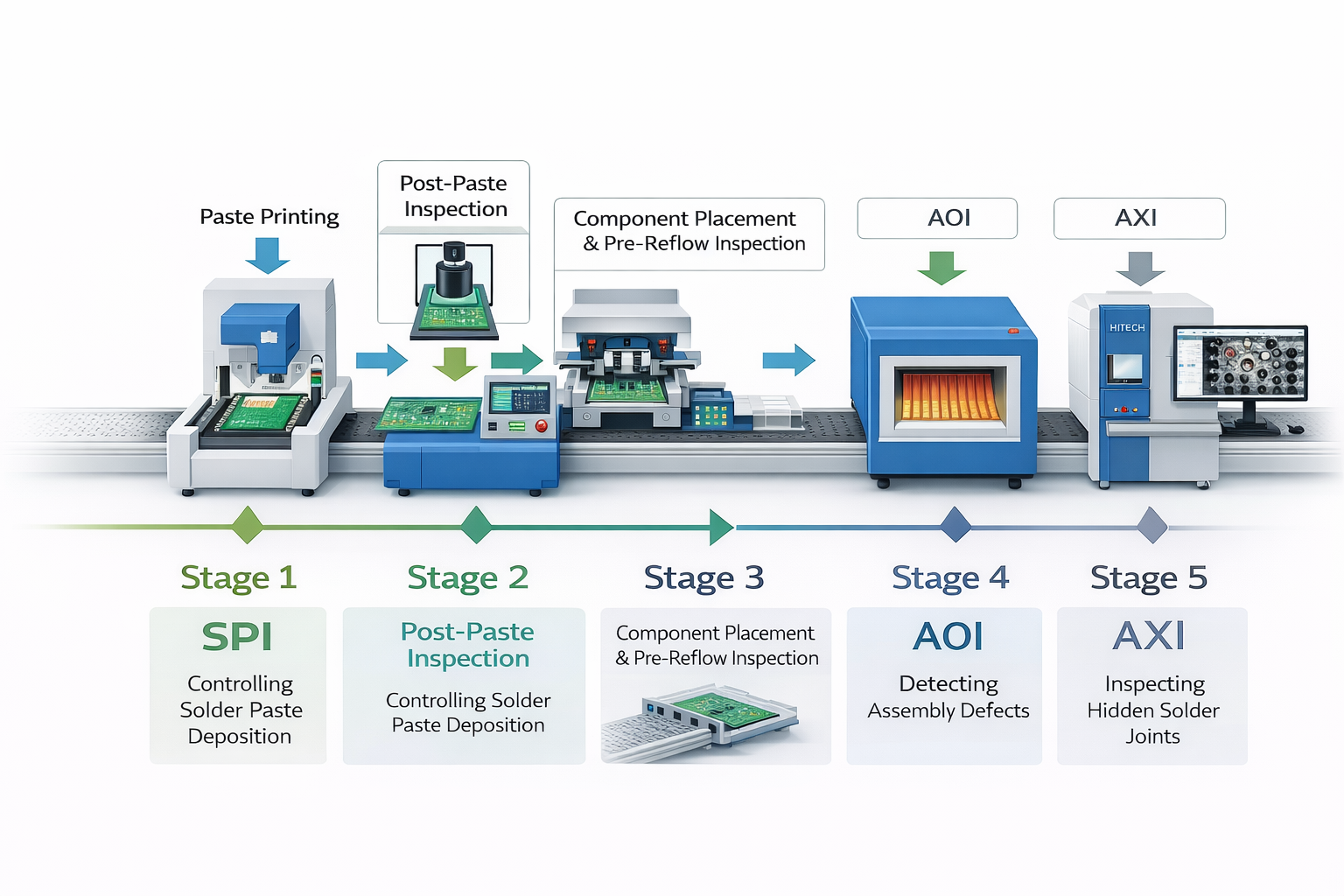 SMT inspection strategy workflow showing SPI AOI AXI process in PCB assembly