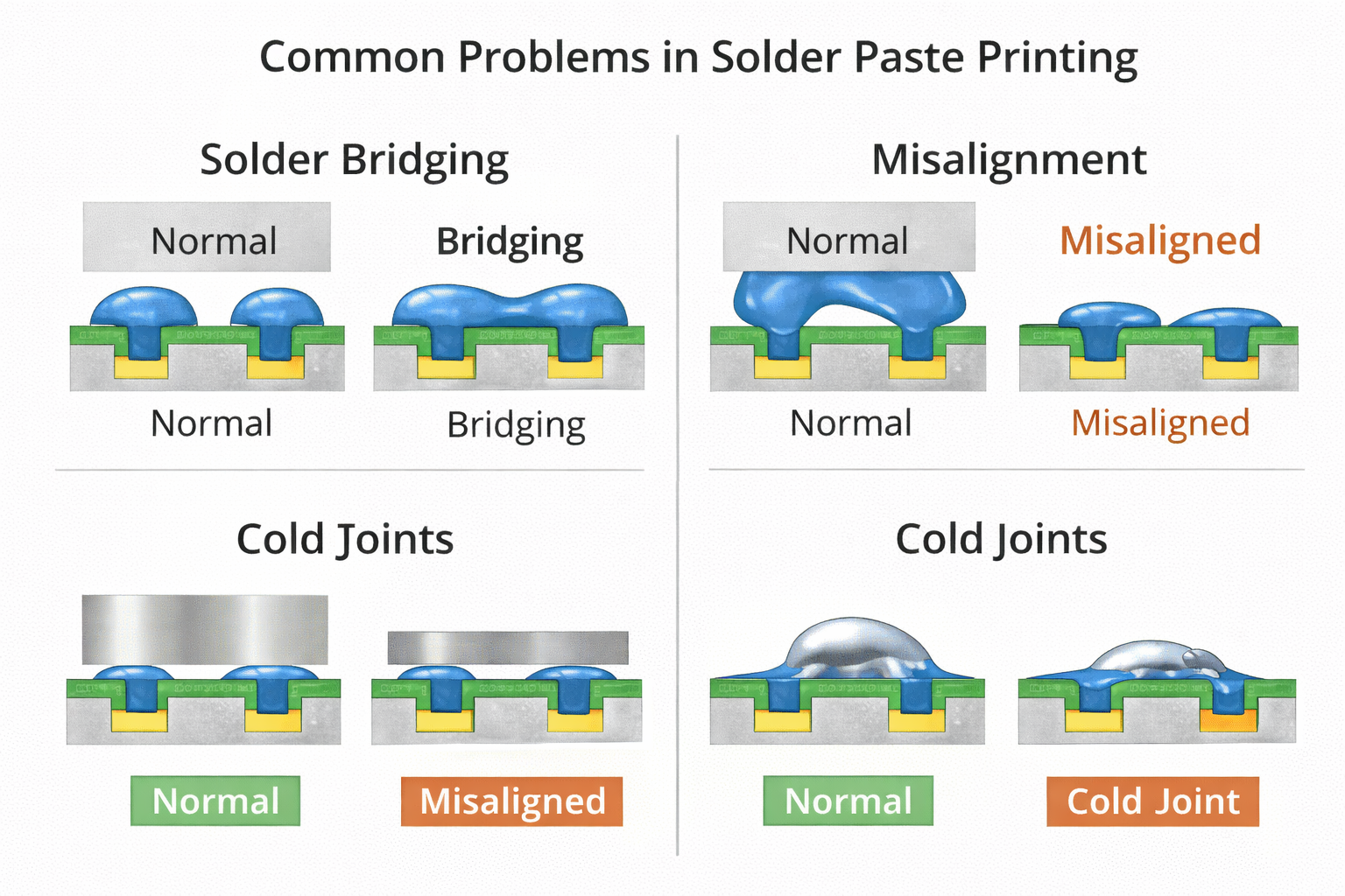 Solder paste printing defects including bridging, misalignment and cold joints