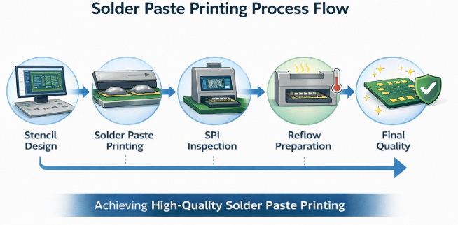 Solder paste printing process flow from stencil design to final quality
