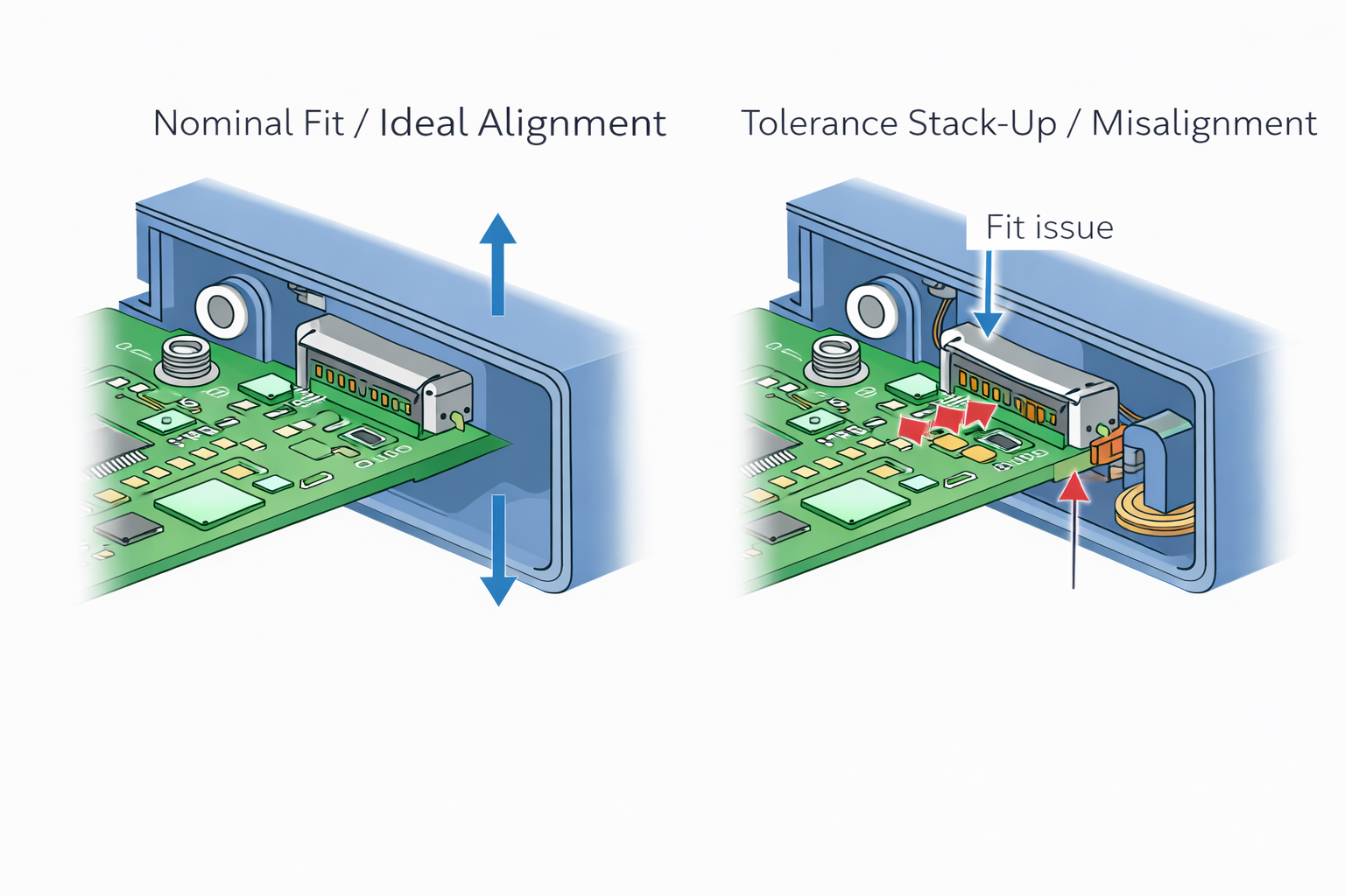 Prototype to mass production tolerance stack-up diagram showing PCB enclosure misalignment and fit issues in electronics assembly