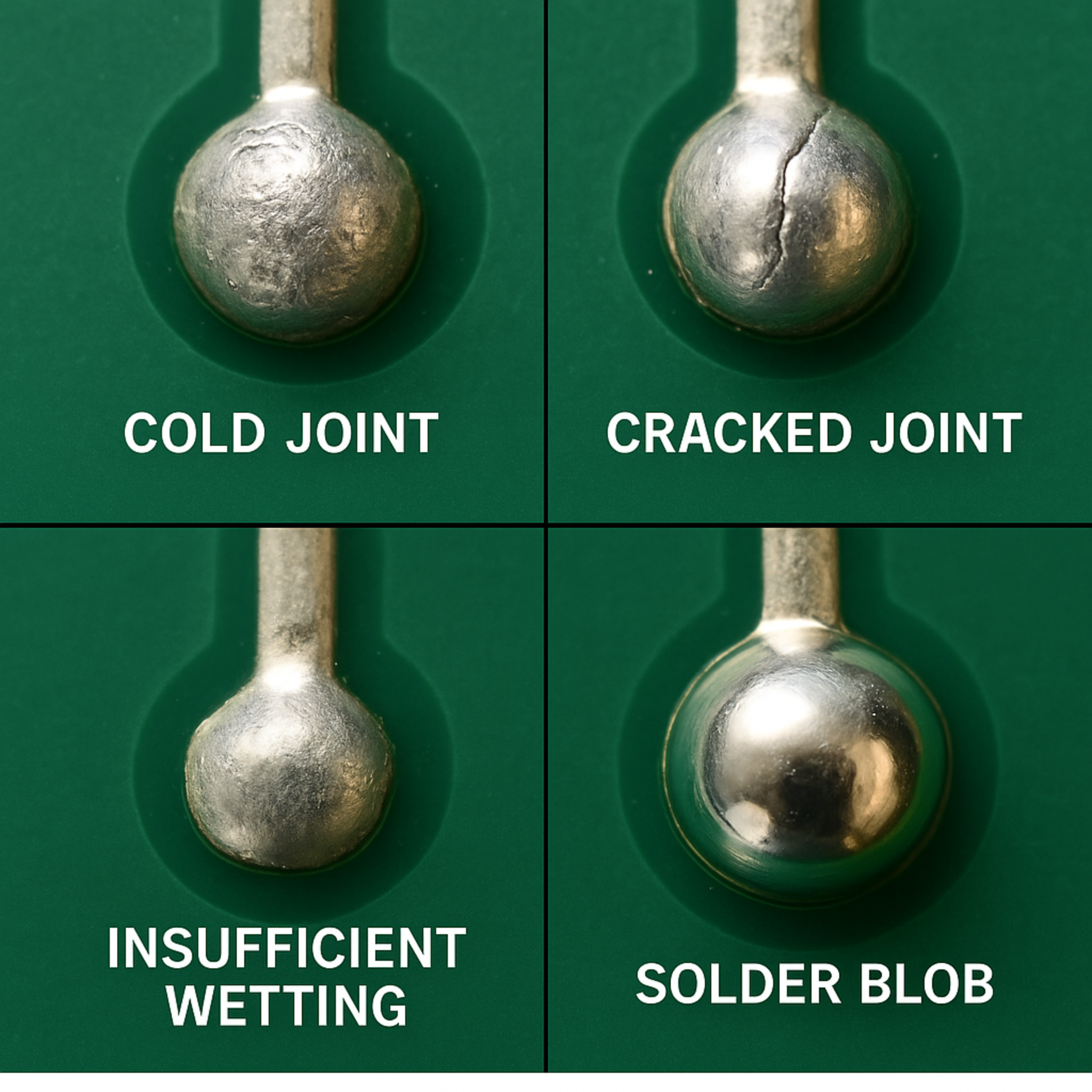 cold solder joint PCB repair examples showing defective solder joints and poor wetting conditions