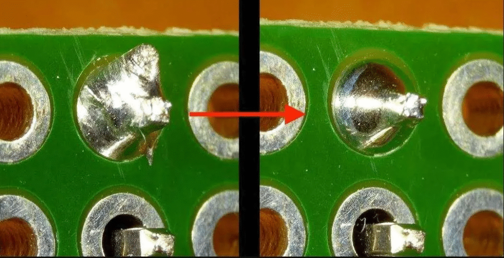 cold solder joint PCB vs good solder joint comparison