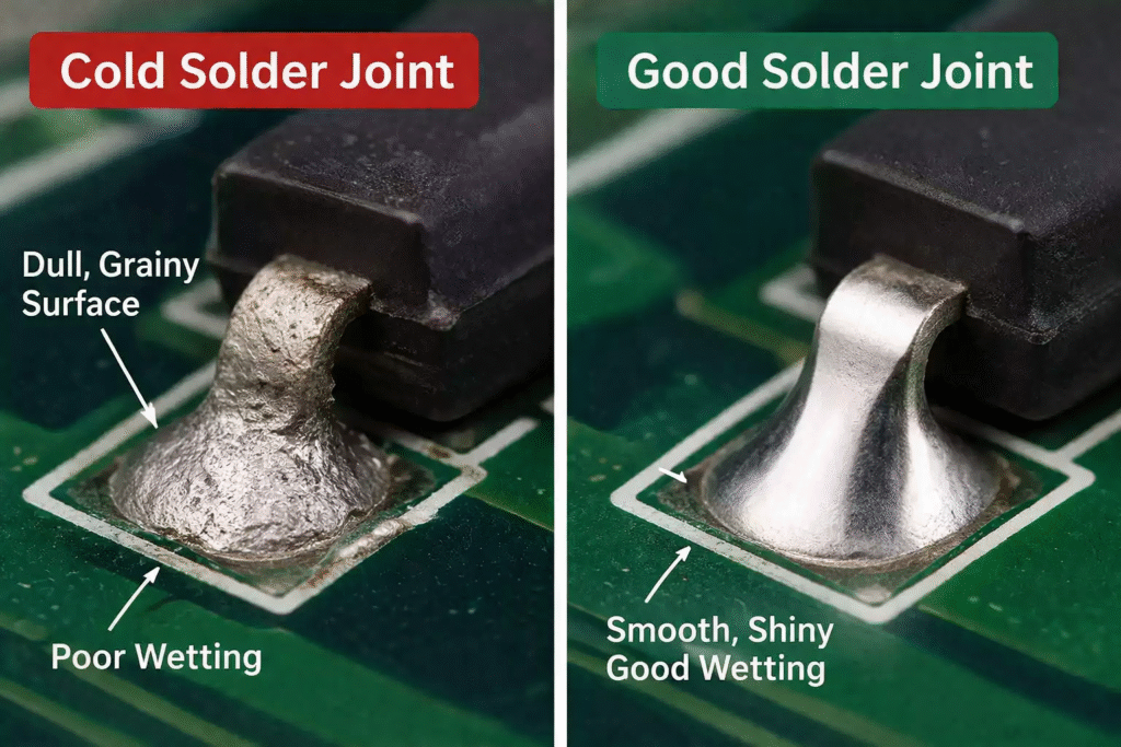 Cold solder joint vs good solder joint comparison showing dull grainy surface and poor wetting versus smooth shiny proper solder connection on PCB