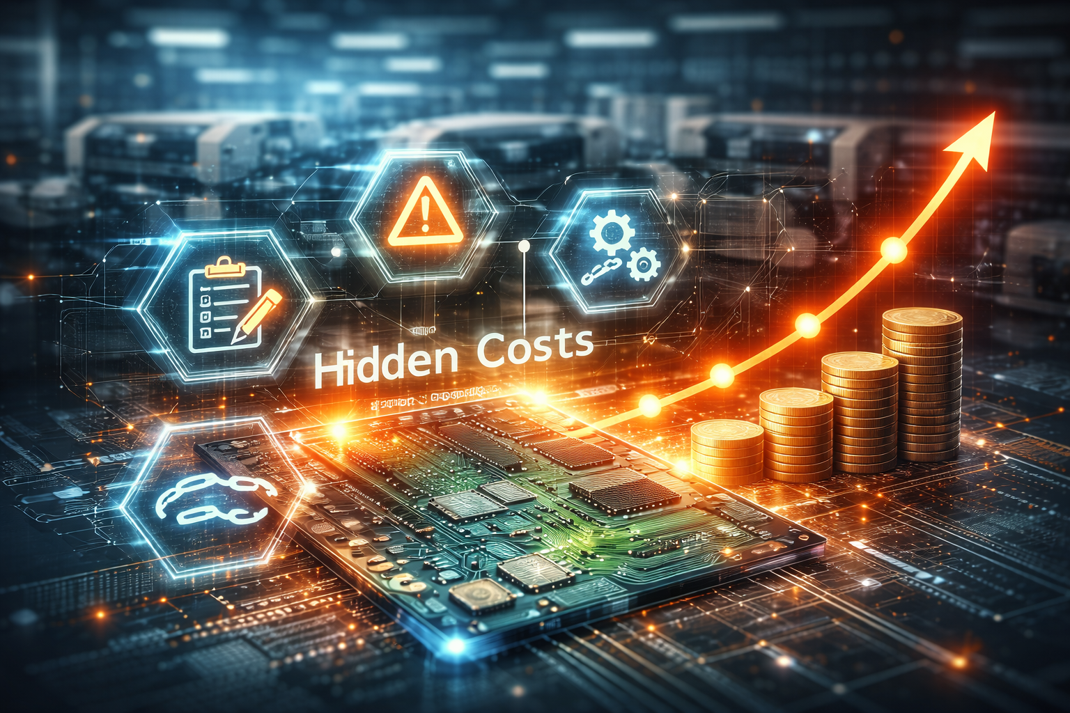electronics manufacturing cost concept showing PCB assembly process with rising cost trend and hidden cost factors in production