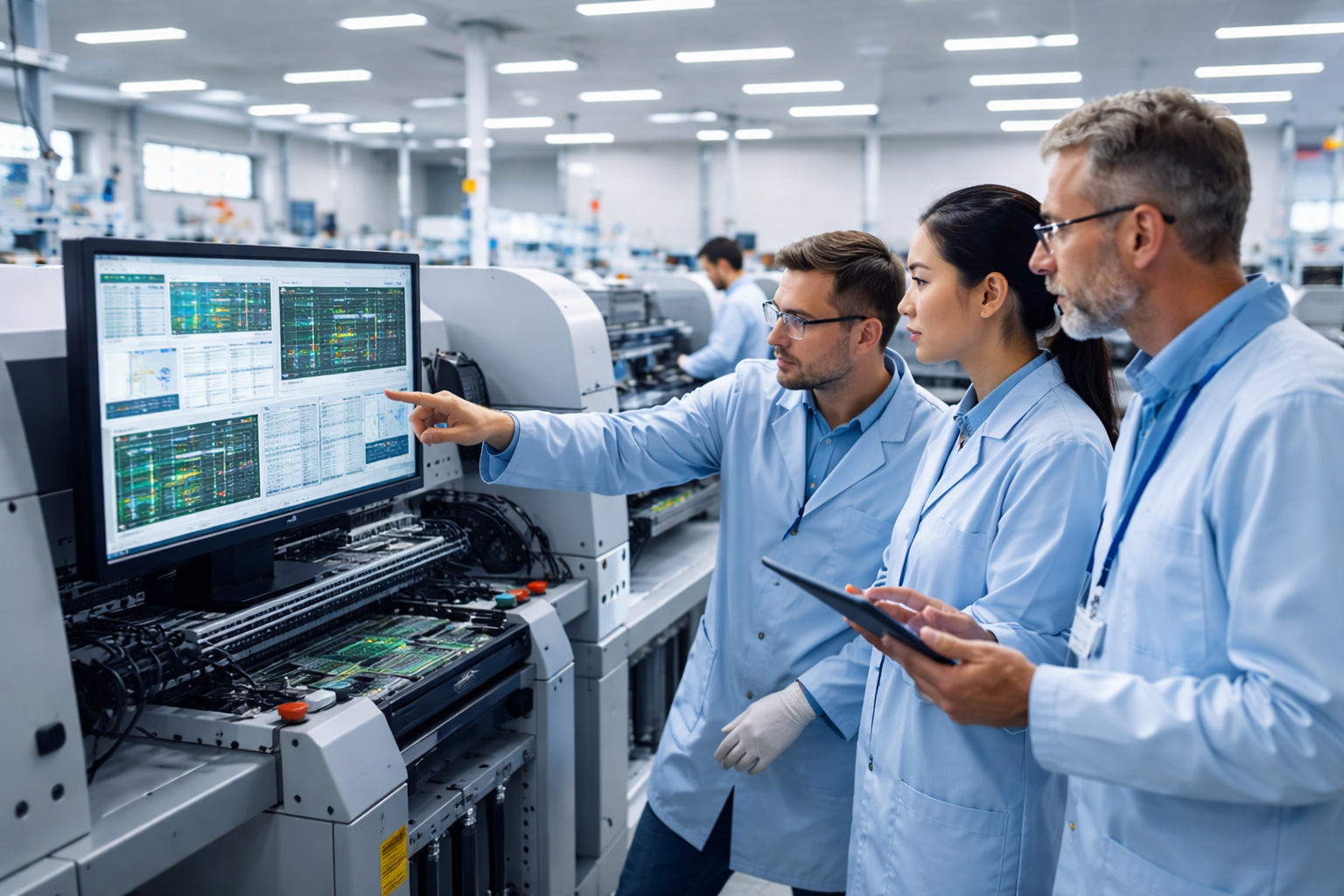 ODM electronics manufacturing engineers monitoring SMT production line for integrated manufacturing process