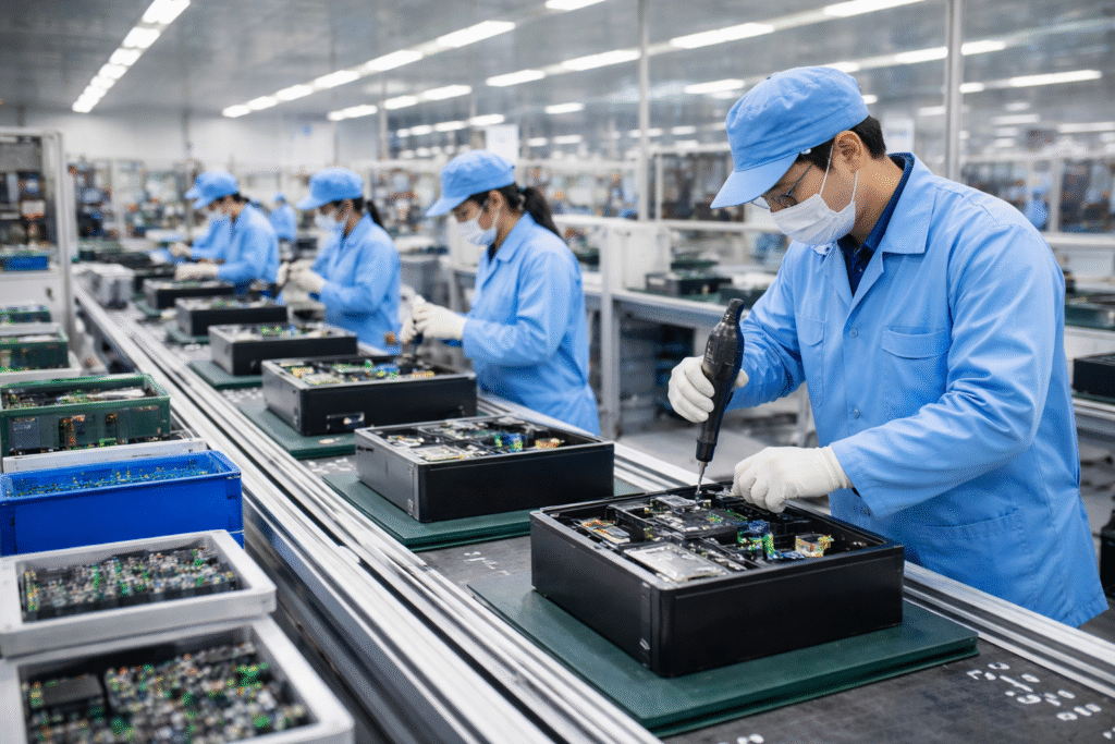 OEM manufacturing services box build assembly process with workers assembling electronic products