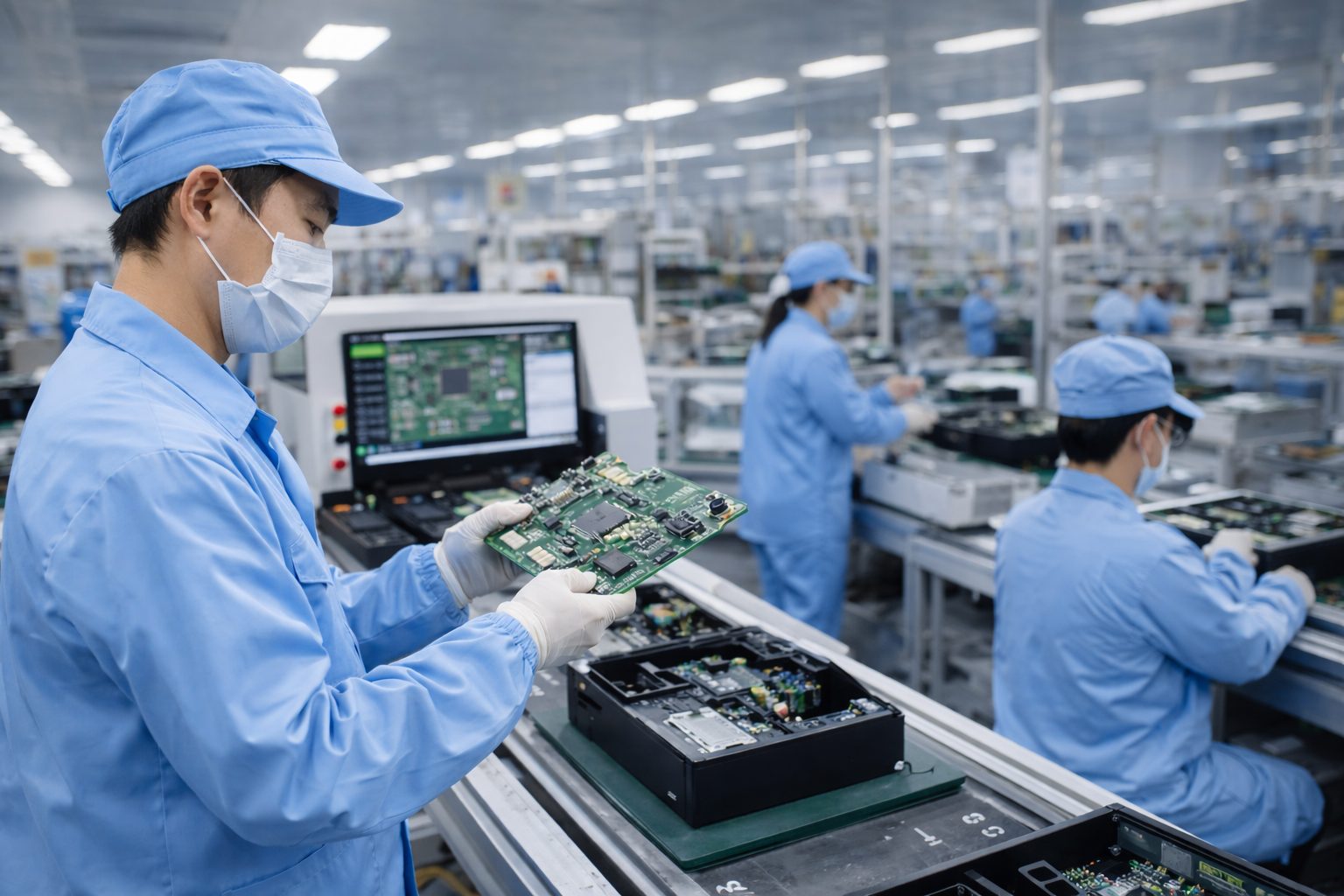 OEM manufacturing services electronics assembly factory with workers assembling PCB boards