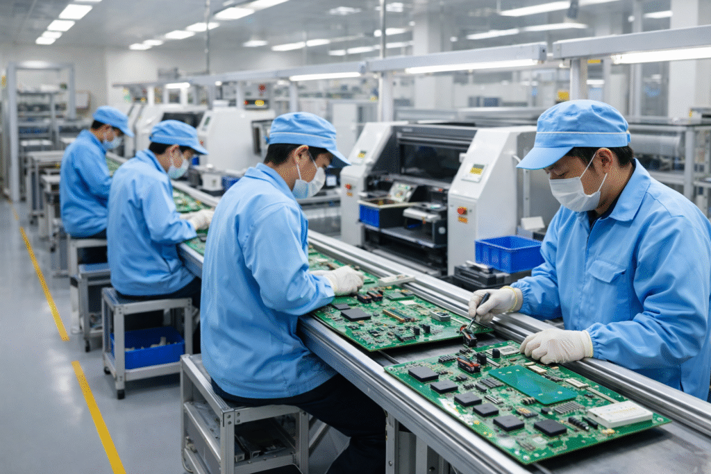 OEM manufacturing services electronics assembly line with workers assembling PCB boards