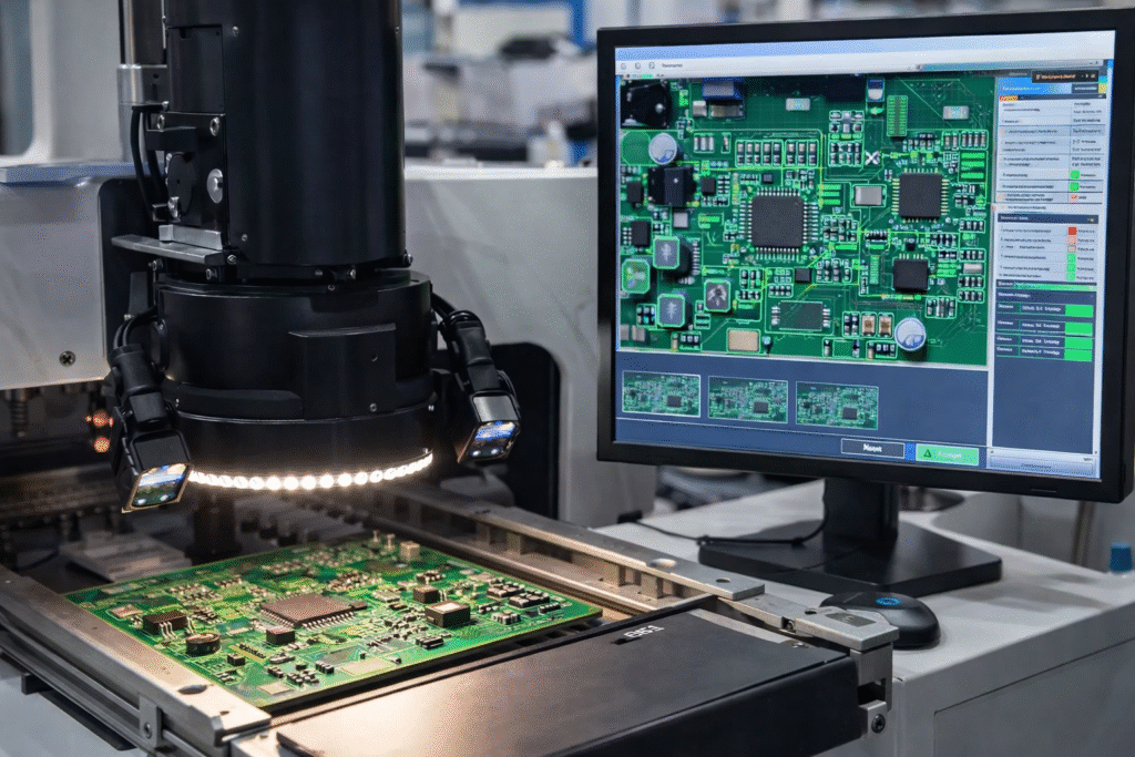 AOI inspection system checking PCB assembly for defects using automated optical inspection technology