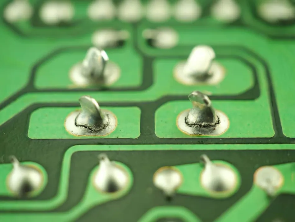 PCB assembly defects cold solder joint with cracked and uneven solder surface