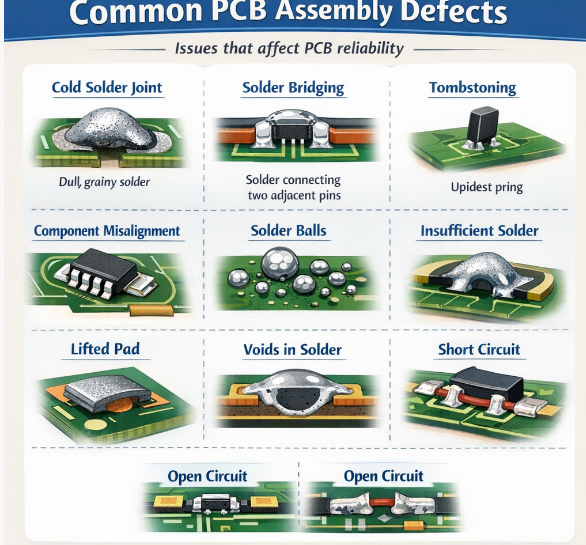 PCB assembly defects overview including cold solder joint, solder bridging, tombstoning, and other common issues