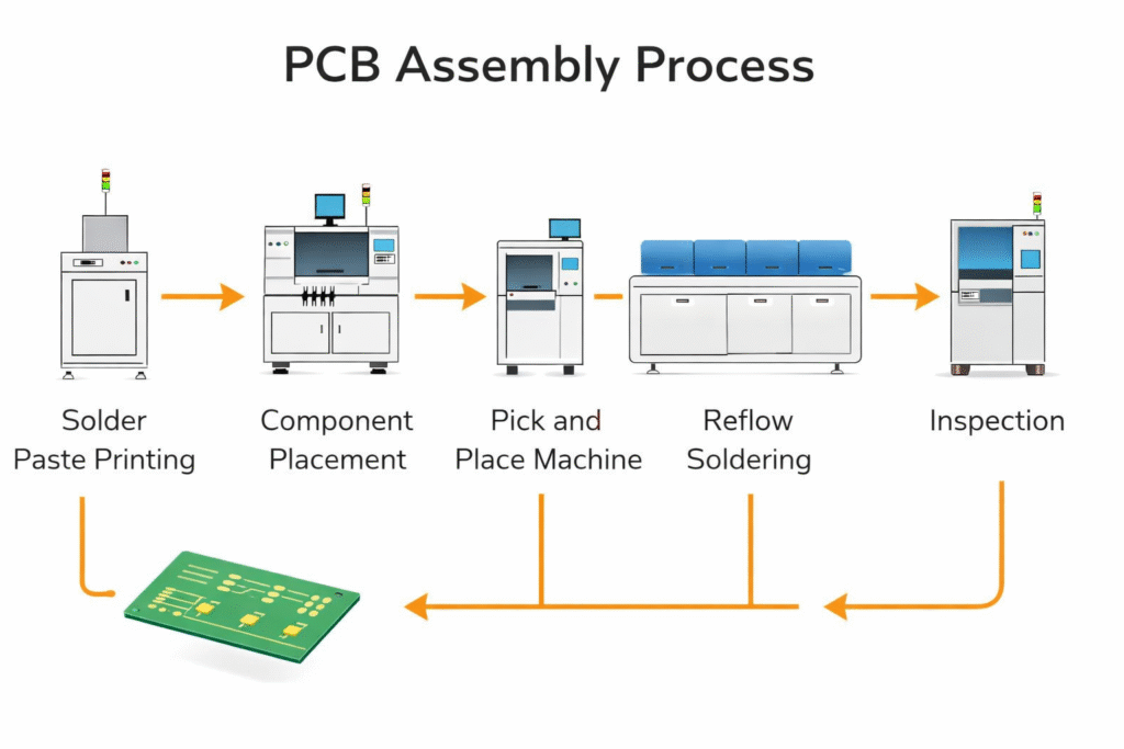 PCB assembly process flow showing solder paste printing component placement reflow soldering and inspection stages