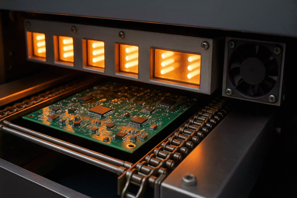 PCB assembly reflow process in SMT production line with temperature-controlled heating system