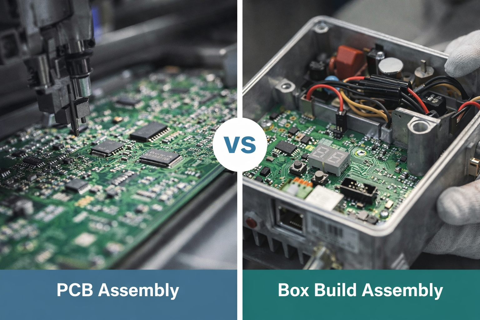 pcb assembly vs box build comparison showing PCB assembly and box build assembly integration