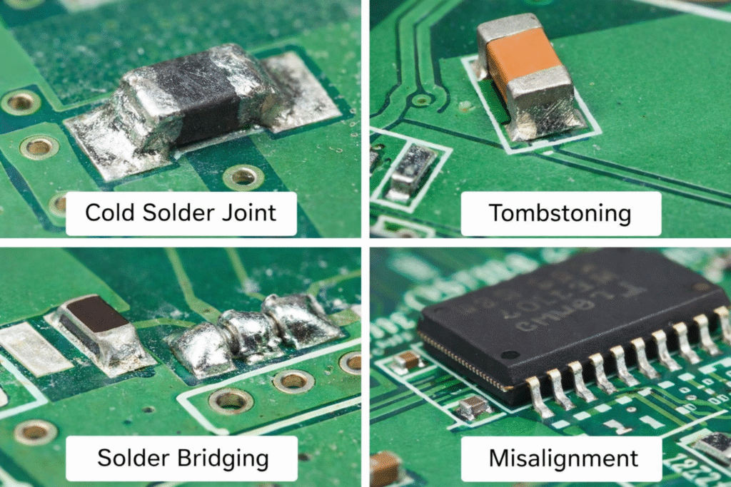 Common PCB soldering defects examples including solder bridging, cold solder joint and component misalignment